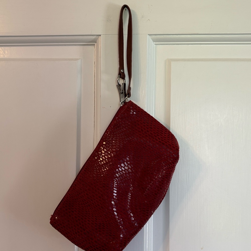 Sorial Red Textured Wristlet Pouch with Brown Strap - Picture 3 of 12